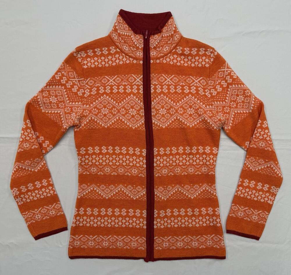 Krimson Klover Wool Full Zip Sweater Women’s XS Orange Nordic Fair Isle Jacquard